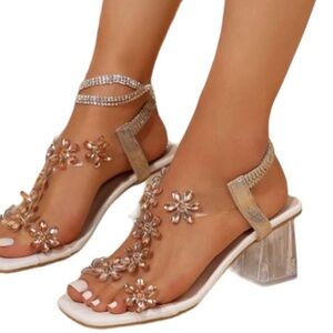 New! Non-Skid Flowers and Rhinestones Chunky Clear Heel Shoes.